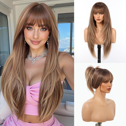 testar Long Brown Straight Wigs With Bangs Long Ombre Brown Blonde Synthetic Wigs for White Women Daily Use 26IN