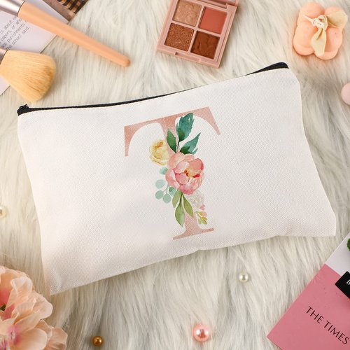 3 Pieces Floral Initial Makeup Bag Wedding Bridal Makeup Bag Cosmetic Canvas Bag Monogrammed Gifts for Women Teacher Birthday Mother's Day Wedding Bridal Shower, 9 x 6 Inches (T Style)