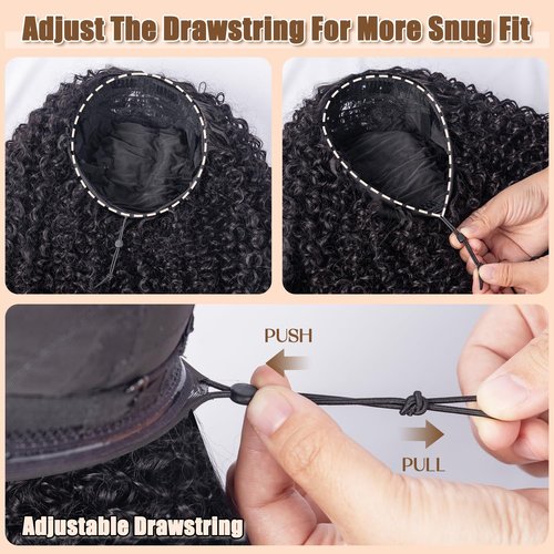 3 in 1 Half Wig Synthetic Hair, Seamless Flip Over Half Wigs Glueless Wear and Go Beginner Friendly Clip In Hair Drawstring Headband Wig for Women 1B, 16-26inch, Kinky Curly (24 inch)