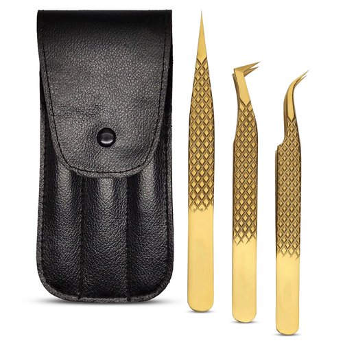 Lash Tweezers for Eyelash Extensions with Diamond Grip, Japanese Stainless Steel, Set of 3 - Great Precision for Classic, Volume & Mega Volume, Premium 45 Degree Curved Set for Women (Gold)