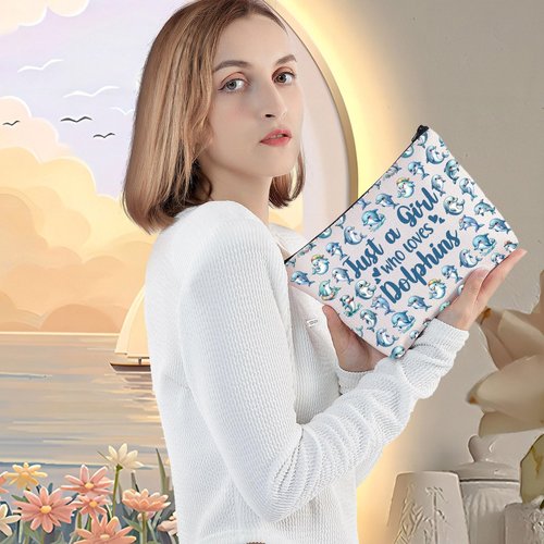 LEVLO Funny Dolphin Cosmetic Bag Animal Lover Gift Just A Girl Who Loves Dolphins Makeup Zipper Pouch Bag Dolphin Lover Gift For Women Girls (Loves Dolphins F Bag)