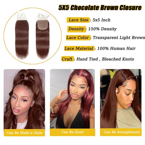 Kafeier 5x5 Chocolate Brown Closure 4# 100% Human Hair Pre Plucked With Baby Hair stright Closure 5 by 5 Lace frontal 12 Inch