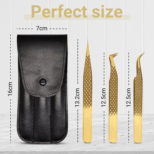 Lash Tweezers for Eyelash Extensions with Diamond Grip, Japanese Stainless Steel, Set of 3 - Great Precision for Classic, Volume & Mega Volume, Premium 45 Degree Curved Set for Women (Gold)