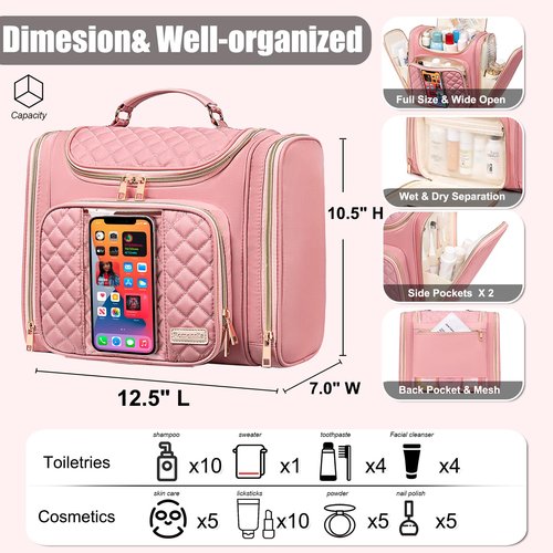 Romenrita Travel Toiletry Bag for Women, Hanging Toiletry Bag, Bathroom Bag Portable Shower Caddy for College Dorm Travel Shower Bag for Women Water-Resistant Cosmetic Makeup Bag (Pink)