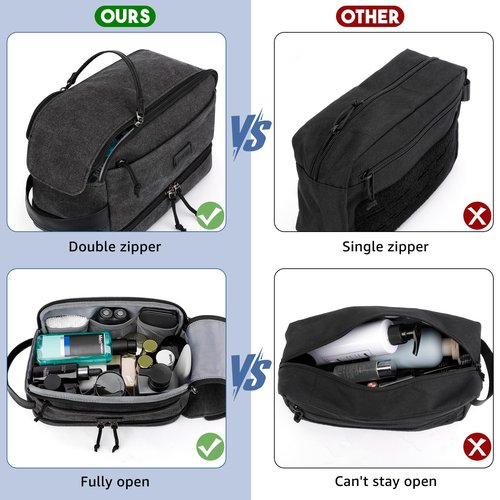 ZOMFELT Travel Toiletry Bag for Men, Canvas Hanging Toiletry Bag Shaving Dopp Kit Water Resistant Bathroom Shower Bag with Double Layer, Makeup Cosmetic Hygiene Bag for Toiletries Accessories, Black