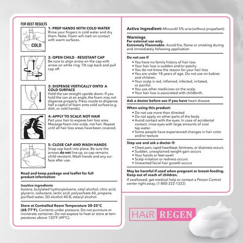 Hair Regen Minoxidil Foam for Women 5% Percent - Women's Hair Growth Treatment for Her - Topical Foaming Minoxidil for Women - Great for Hair Regrowth and Reduce Hair Loss - 6 Pack as 6 Month Supply
