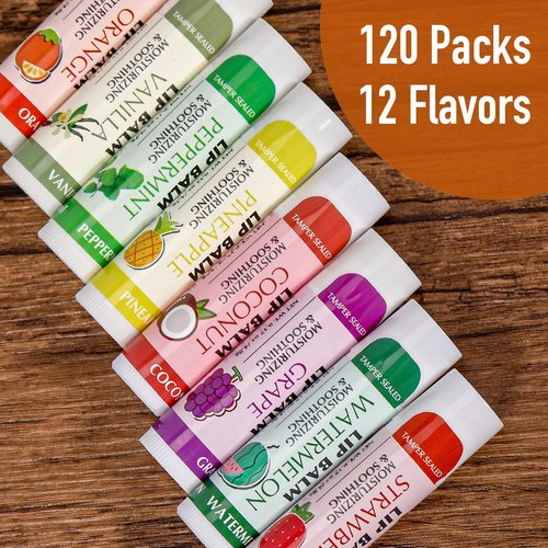 AZEN 120 Pack Lip Balm, Natural Lip Balm Bulk, Lip Care Product, Moisturizing Lip Balms for dry cracked lips - 12 Flavors