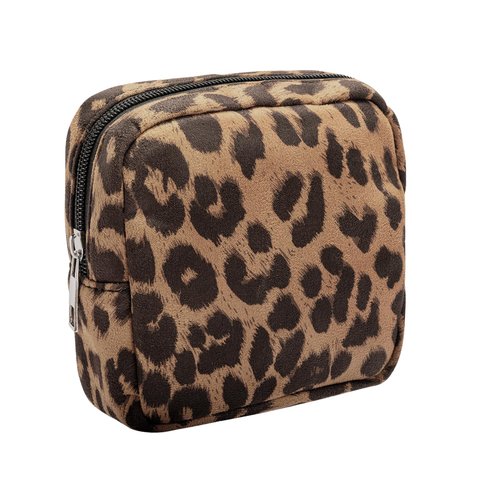 AGBIADD Fabric Leopard Print Makeup Bag Travel Cosmetic Case Soft Toiletry Bag with Zipper, Portable Make Up Organizer Traveling Compact Car Bag for Essentials (Brown)