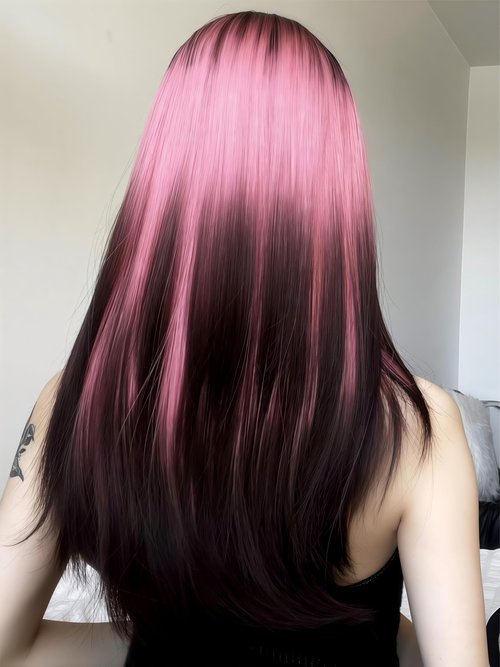 Aadesso Pink Highlight Black Hair 65cm medium-length Straight wigs for Daily Wear Heat Resistant Synthetic Matte wig with Realistic Simulation Scalp Middle Part with wig cap