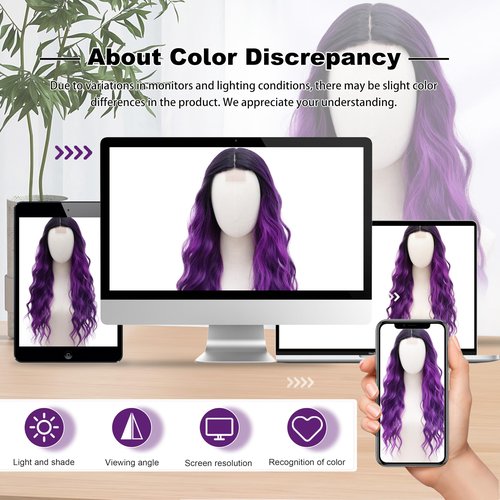 BUPPLER Cosplay Long Black to Purple Wig 28 Inch Middle Part Synthetic Wig Realistic Gifts Party Wigs for Women Daily Use Colorful Wigs (Black to Purple)
