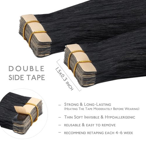 WENNALIFE Tape in Hair Extensions Human Hair, 20pcs 50g 20 inch Jet Black Remy Hair Extensions Straight Human Hair Tape in Extensions Skin Weft Tape Extensions Human Hair