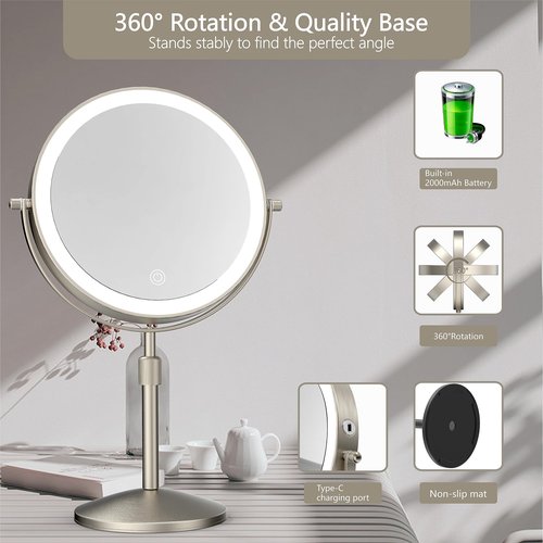 MIROAMZ 8" Lighted Makeup Mirror, 1X/10X Magnification with Light, Double Sided Dimmable, Rechargeable & Brightness & Height Adjustable, Cordless Vanity(Brushed Nickel)