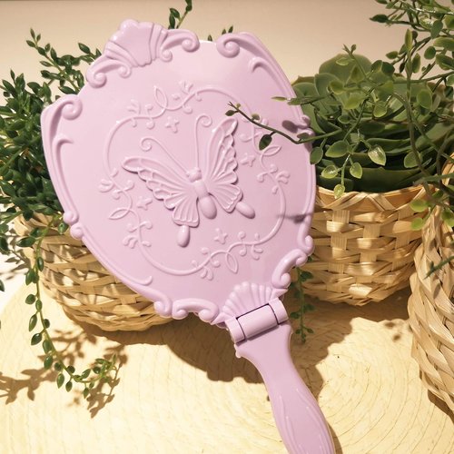 VrHere MirriM Embossed Butterfly Handheld Mirror with Folding Handle, Princess Style Girls Mirror with Handle, Purple
