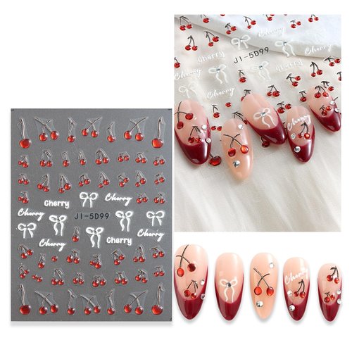 SUTOKAKA Cherry Nail Art Stickers 5 Sheets Self-Adhesive Embossed 5D Red Cherry Bowknot Nail Decals Cute Fruit Summer Autumn Nail Decorations for DIY Nail Art Design
