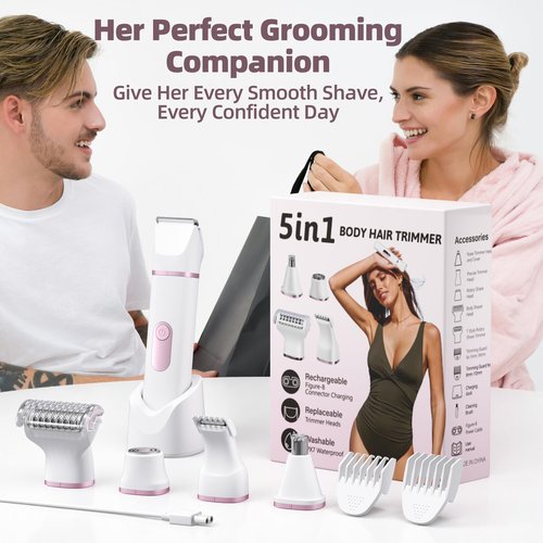NPYXBR 5-in-1 Bikini Trimmer for Women: IPX7 Waterproof Electric Razor Shaver for Face, Pubic Area, Leg, Arm, Underarm, Nose, Cordless Rechargeable Body Hair Removal, Battery Display, Ceramic Blade