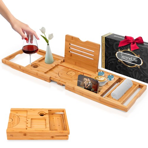 SereneLife Bathtub Tray - Expandable Bath Tray for Tub, Foldable Adjustable Bamboo Caddy with Non-Slip Handles, Device Holder and Wine Glass Slot for Bathing Luxury (Folding, Hard Back, Gift Set)