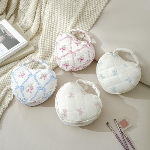 WHJM Cute Heart-shaped Handy Makeup Bag, Small Floral Makeup Pouch, Ideal for Daily Beauty Essentials for Women (Pink Bowknot Rose)