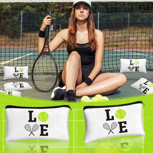 Moukeren 12 Pieces Tennis Makeup Bag Cosmetic Bag Travel Portable Storage Toiletry Case Accessories with Zippers Tennis Gifts for Lovers Players Teams Women Girls(White)