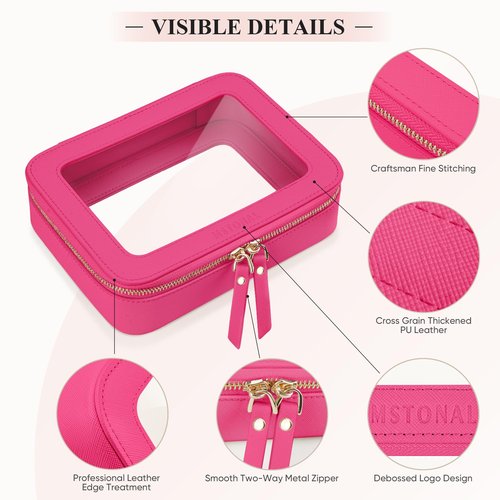 MSTONAL Clear Makeup Bag, Travel Toiletry Bag Cosmetic Case for Women, Waterproof Portable Make Up Skincare Pouch with Zipper, Compact Car Organizer Bag for Essentials, Mini & Medium, Hot Pink