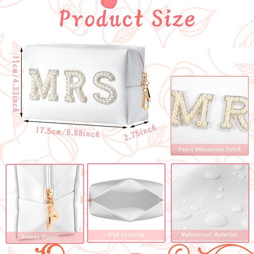 Bride Makeup Bag, Bride Patch MRS Cosmetic Bag, Pearl Rhinestone Letter Toiletry Bag, Wedding Bag, Portable PU Leather Waterproof Zipper Pouch, Bride Gift, Bridal Shower Gift, Engagement Gift