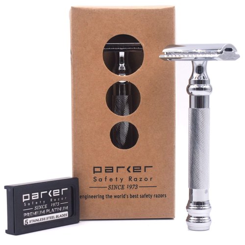 Parker 98R Heavyweight 3-Piece Double Edge Safety Razor – Long Handle, Closed Comb Design for Smooth Wet Shaving, Includes 5 Platinum Blades – Iconic Brand in Traditional Shaving