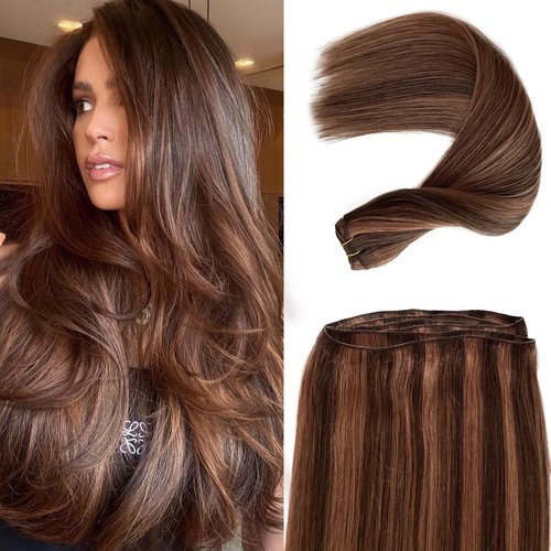 Weft Hair Extensions Medium Brown with Auburn Human Hair Sew in Extensions 14 Inch 80G Thick Ends Double Weft Brown Balayage Hair Extensions Real Human Hair Sew in Hand Tied Real Hair Wefts