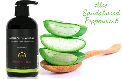 Botanical Shaving Gel, Sandalwood & Peppermint, 8oz All Natural Skin Care. For Smooth Gentle Shave.