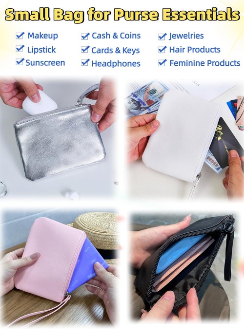 SeBUCUOO 2 Pack Small Zipper Pouch Mini Makeup Bag for Purse Lipstick Cosmetic Travel Make Up Organizer for Women Essentials, Car Change Coin Holder 4.5 x 6.5 Clutch Stadium Approved Wristlet, Black