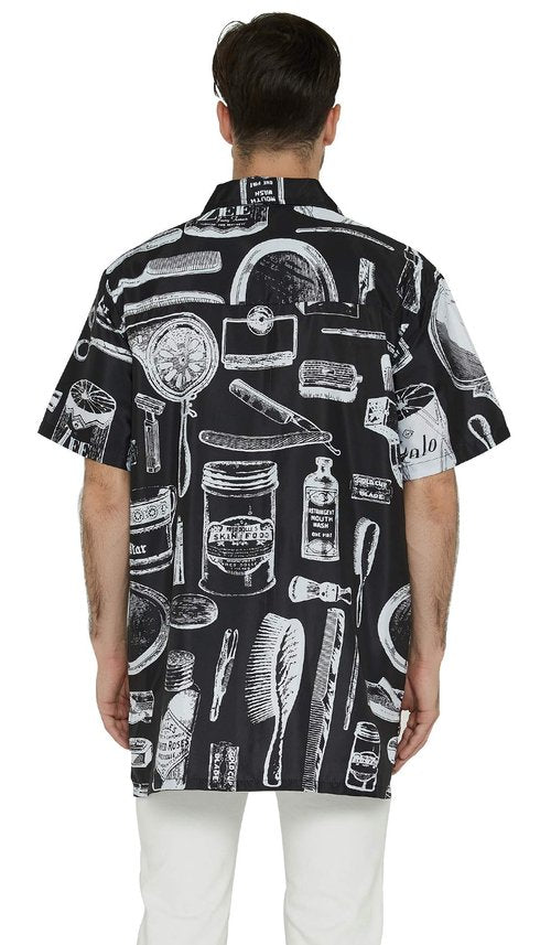 Men’s Barber Jacket and Vintage Print Stylist Grooming Smock- Professional Hair Dressing Apparel in Black