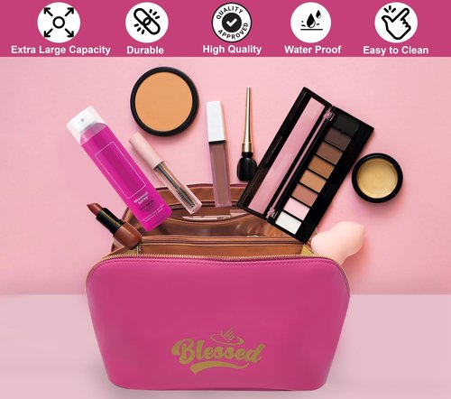 BLESSED Travel Makeup Bag for Women - Large Capacity Cosmetic Organizer, Waterproof Portable Leather Toiletry Pouch with Divider and Handle - Ideal Make up Bag, Toiletry Organizer(Pink)