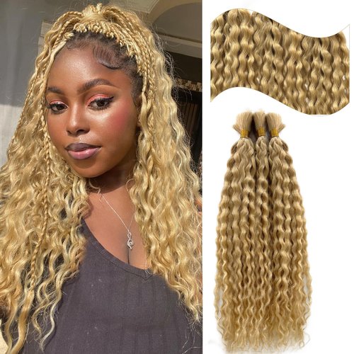 Blonde Human Braiding Hair 18 Inch Deep Water Wave Boho Human Hair for Braiding Color #24 Light Blonde Bundles 100% Burmese Human Hair for Boho Braids Two Bundles 100G Weft and Wavy Curly Bulk Hair