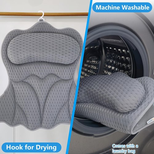 REEZEIVI Bath Pillows for Tub,Bath Pillow with 6 Non-Slip Suction Cups,Soft 4D Mesh Fabric,Bathtub Pillows for Tub Neck and Back Support,Extra Thick Luxury Bathtub Pillows,Grey