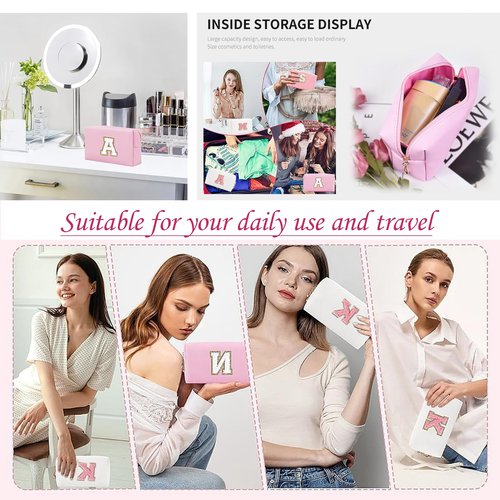 ONEDIGI Preppy Makeup Bag, Personalized Initial Letter Patch Makeup Bag, Large Capacity Cosmetic Bags for Women, Cute PU Leather Waterproof Travel Toiletry Bag for Teen Girls (Letter M,Pink)