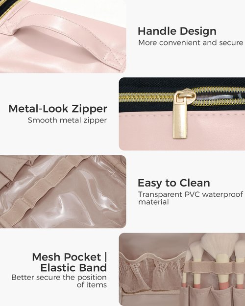 TBTOTRA Hanging Toiletry Bag, PU Leather Makeup Bag Large Capacity with Jewelry Organizer for Brushes Set, Cosmetic Accessories, Pink