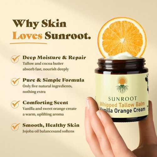 Sunroot Naturals Whipped Tallow Balm, Vanilla Orange Cream Moisturizer, Natural Ingredients, Glass Jar, 2.85 oz, Face and Body Care