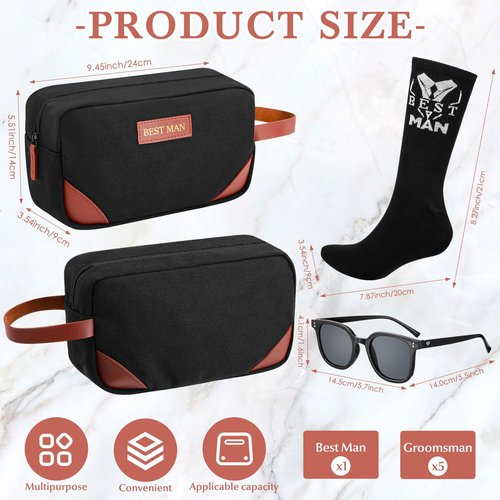 SilTriangle 18 Pcs Wedding Groomsmen Gifts Set Include Pcs Men Toiletry Bags Pairs Cotton Groomsmen Socks Pairs of Sunglasses for Wedding Proposal Gifts Bachelor Party Travel Kit(Black)