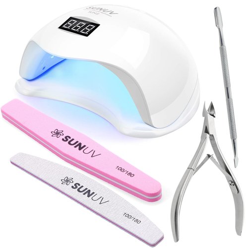 SUNUV UV LED Nail Lamp with 4PCS Cuticle Nippers, Cuticle Pusher with Nail File and Buffer Set, Professional Stainless Steel Durable Pedicure Manicure Nail Care Tools