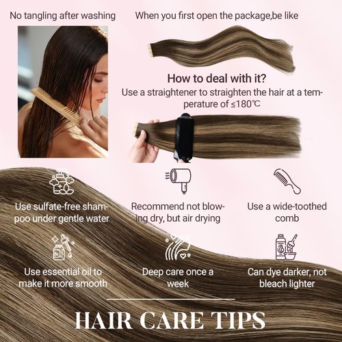 MAXITA Tape in Hair Extensions Human Hair, Balayage Chocolate Brown to Caramel Blonde, 18inch 50g 20pcs, Remy Silky Real Human Hair Extensions Thick Ends Straight Seamless Tape in Hair Extensions