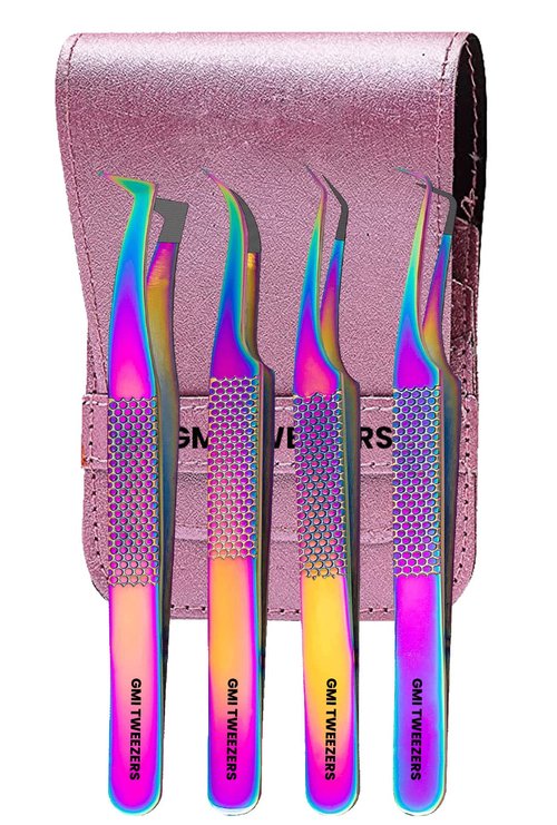 Fiber Tip Lash Tweezers- Pack of 4 Eyelash Extension Tweezers Professional- Lash Tweezers.