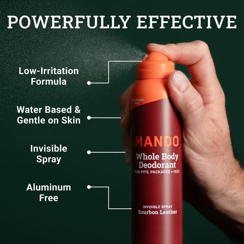 Mando Whole Body Three Piece System - 2.6oz Smooth Solid Stick, 3.6oz Deodorant Spray, 15ct Deodorant Wipes - Aluminum & Baking Soda Free Odor Control - Doctor Developed - 3pc Bundle (Bourbon Leather)