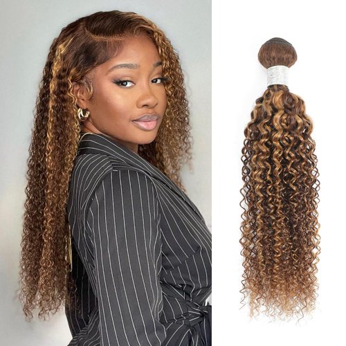 AUROO #P4/27 Highlighted Kinky Curly Single Bundles Human Hair 12Inch, 12A 100% Virgin Honey Blonde Highlight Brazilian Tight Curly Bundles Thick Track Brazilian Ombre Brown Colored Weaves Sew In Remy