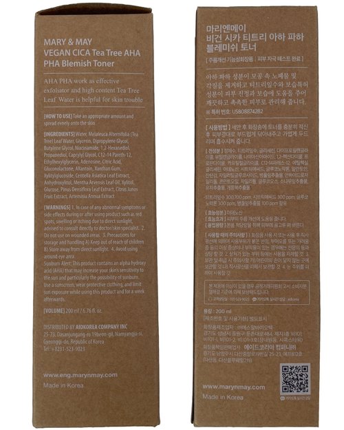 Mary&May Vegan CICA Tea Tree AHA PHA Blemish Toner - Oil Control and Skin Soothing Exfoliating Face Toner - Protects Skin Barrier, for Clear and Healthy Skin, 6.76 fl.oz.