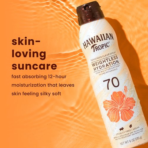 Hawaiian Tropic Sunscreen Spray SPF 70 | Weightless Hydration | Clear Spray | Oxybenzone Free | 6oz