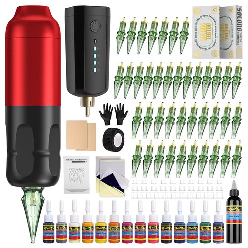 Tattoo Gun,Solong Complete Wireless Tattoo Kit 1600mAh Power Supply 40pcs Tattoo Needles 120ML Tattoo Ink and Other Tatto Supply SLQ53KITP803-2