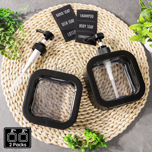 Segbeauty 2pcs 16.9oz Refillable Hand Soap Dispenser, 500ml Leak-Proof Liquid Soap Dispenser for Bathroom, Dish Soap Dispensers for Kitchen Sink, Black Empty Plastic Shampoo Pump Bottle with Labels