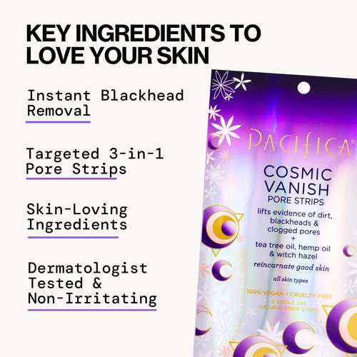 Pacifica - Blackhead Remover Pore Strips - 12-PACK Cosmic Vanish - for Nose, Chin & Forehead - Deep Cleansing Nose Strips w/Instant Pore Unclogging - Oil-Free Vegan Dermatologist Tested