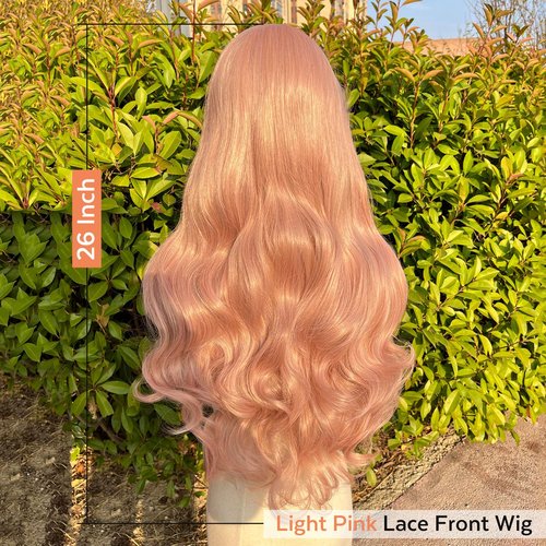 Lady Miranda Pink Synthetic Lace Front Wigs Kanekalon Fiber 26 Inch 13×4 Pre-Plucked Glueless Lace Front Long Wave Wigs with Baby Hair Ready to Wear Light Pink Wig Synthetic Wig for Black Women