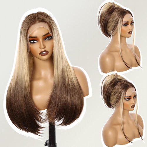 Worldnewhair Blonde to Brown Ombré Siamese Cat Style Synthetic Wig 26 Inch - 13x4 HD Lace Front Wigs for Women, Pre Plucked Pre Cut Long Straight Heat Resistant Fiber Pre-styling Hair for Daily
