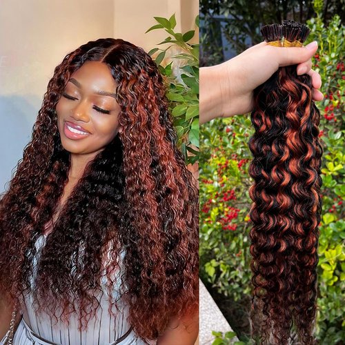 1B30 Curly I Tip Hair Extensions Human Hair Cold Fusion Itip Flawless Microlinks Hair Extensions Invisible Blends Naturally Individual Strands for Black Women 50G Black to Brown 18inch