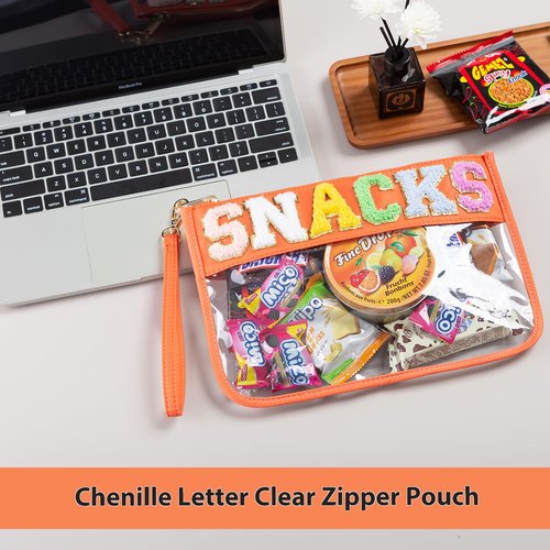 HANAMO Chenille Letter Clear Bag Monogram Clear Stadium Purse Bag Chenille Letter Travel Patch Pouch Snack Makeup Multi-purpose Transparent Waterproof Snacks Makeup Tote Bag with Wrist Strap